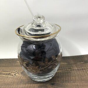 American Cut Crystal Corp Marmalade/Jam Gold Rose etched glass with lid & spoon